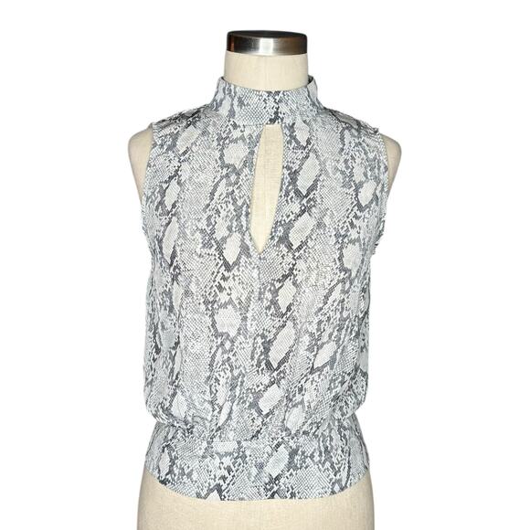 FRAME Denim Gray Snake Print Silk Sleeveless Blouse Women's Size Small Smocked - Picture 1 of 9